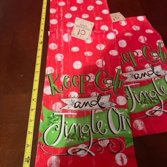 C&F Christmas Flour Sack Towels Keep Calm & Jingle On Polka Dot set of 2 - Picture 3 of 7